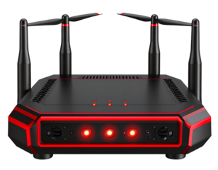 High-Speed Gaming Wi-Fi Router with Multiple Antennas, isolated on a transparent background.