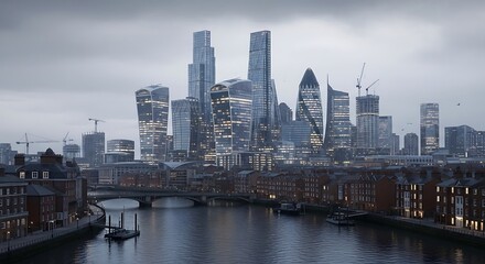 Fototapeta premium Modern cityscape with tall skyscrapers and a river reflecting the cloudy sky