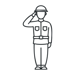 Outline of military soldier saluting in uniform and helmet. Vector illustration