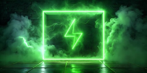 A bright green neon lightning bolt inside a glowing square frame is surrounded by green smoke against a dark textured