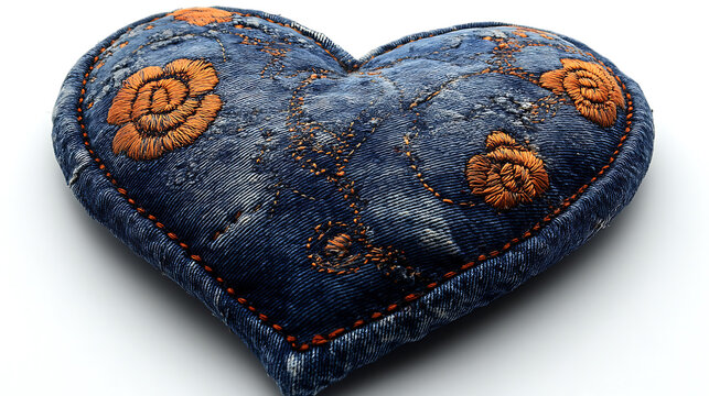 Hand-stitched Denim Heart Pillow with Orange Rose Embroidery