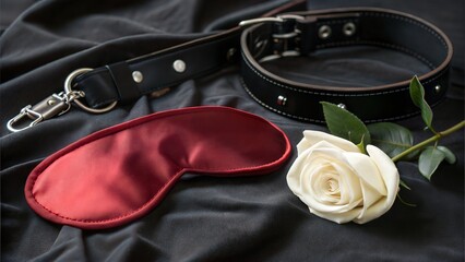 Dominatrix accessories laid on soft textile, the BDSM concept displayed with a black leather collar and a silky eye mask. BDSM concept for creating seductive and intimate scenes.