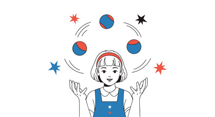 A young person skillfully juggles several colorful balls above their head while stars twinkle around them demonstrating focus and talent