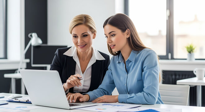 Busy business people using laptop talking in office. Professional mature business woman manager explaining corporate software elearning solutions helping young employee at work. Candid shot.