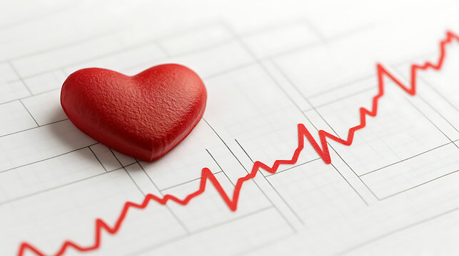Heart health: A red heart symbol lies on a medical chart, representing cardiovascular health monitoring and care. Emphasizing a healthy lifestyle.