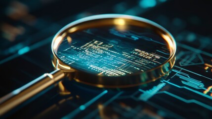 Magnifying glass over digital data; cybersecurity, investigation concept.
