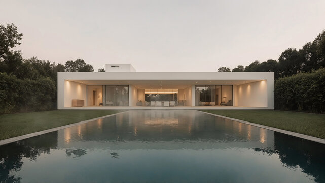 Modern luxury home architecture reflecting in tranquil swimming pool and lush green surroundings under a cloudy sky - Powered by Adobe
