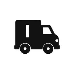 Black silhouette of a delivery truck isolated on white background