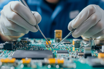 Close-up shot of hands in protective gloves meticulously working on a complex circuit board using precision tools, highlighting the intricate details of electronics assembly.