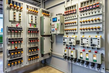 A row of electrical panels with many buttons and switches