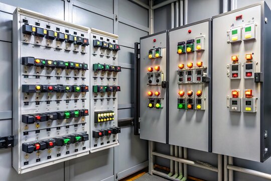 A row of electrical panels with many buttons and switches