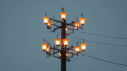 Bright streetlights shine on a power pole during a calm evening. The gentle glow contrasts with the gray clouds, creating a serene atmosphere in the landscape.