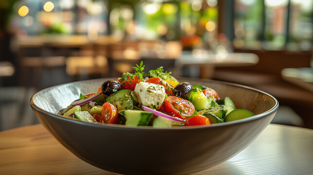 Photograph of a fresh and vibrant Greek salad served in an elegant restaurant setting. The dish is beautifully presented in a stylish ceramic bowl, featuring crisp cucumbers, juicy red tomatoes.