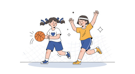 Two happy children playing basketball together outdoors on a sunny day enjoying the sport and friendly competition