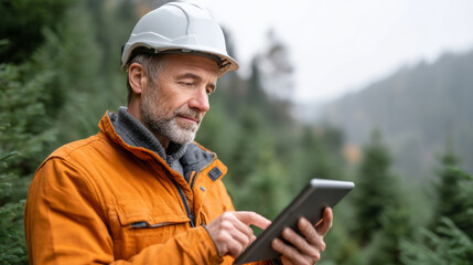 Environmental engineer with helmet using tablet for reforestation mapping in forested area