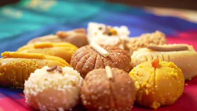 A close-up shot reveals an assortment of colorful, textured sweets arranged on a vibrant cloth.  The confections exhibit a variety of shapes, sizes, and coatings, suggesting diverse flavors and