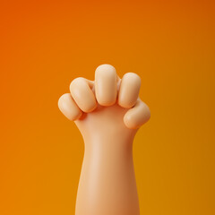 Cartoon hand showing fist or strength gesture isolated over yellow background. 3d rendering.