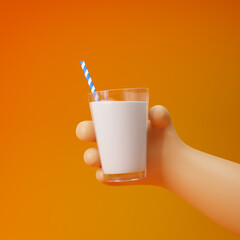 Cartoon hand holding a glass of milk with straw isolated over yellow background. 3d rendering.