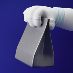 Astronaut cartoon hand holding metallic paper bag isolated over blue background. 3d rendering.