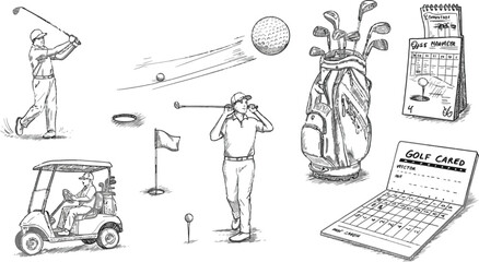 Vector art of a detailed sketch of golfers, golf balls, clubs, carts, and scorecards on a golf course