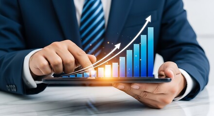 Businessman analyzing financial growth data on tablet, visualizing upward trend, investment strategy, market analysis, business development, technology integration, success concept