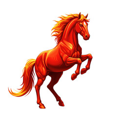 Red horse rearing with flowing mane on white background  