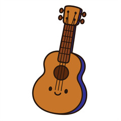 Fototapeta premium cute guitar cartoon character with smiley face, fun musical instrument illustration, simple ukulele style design for kids, playful vector clipart for music posters, stickers and educational materials