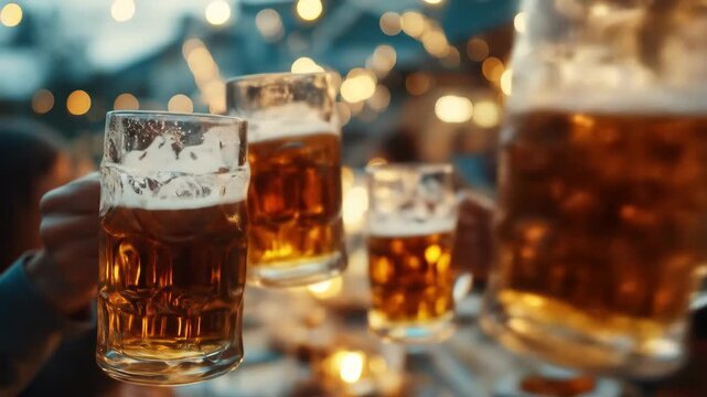 People toast beer mugs at party. Celebration drinking, cheers friends at bar or pub outdoor gathering close up bokeh footage.