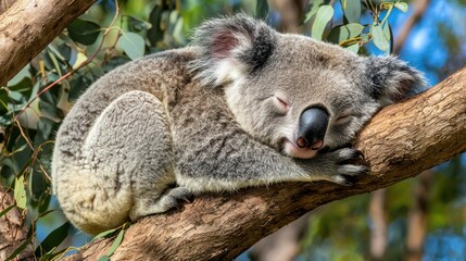 Obraz premium A koala rests peacefully on a eucalyptus branch.
