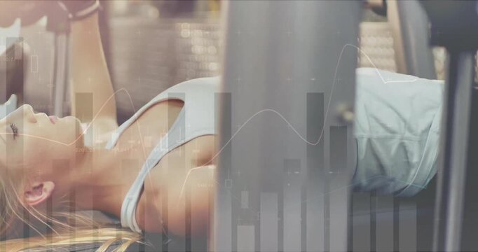 Woman gripping bar launching rep counter while lifting and lowering bench generating fitness stats