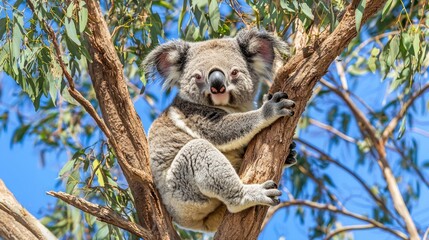 Fototapeta premium Grey koala resting in an eucalyptus tree.