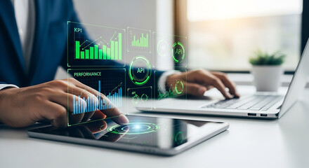 Business Analytics Dashboard: Man Analyzing Performance Data on Tablet and Laptop for Strategic Insights, Digital Transformation, and KPI Optimization.