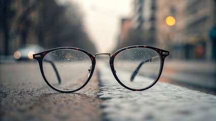 Tortoiseshell eyeglasses on wet pavement with blurred city background