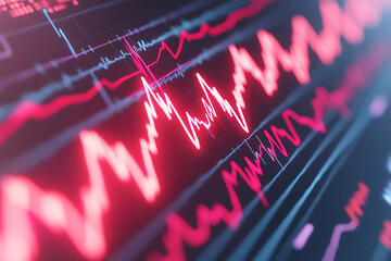 Fototapeta premium Stock market data displayed as graphs and charts are seen in an abstract manner. Downward trend shown in red symbolizes a decline in a product.