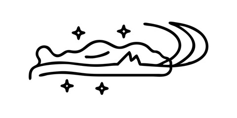Sleeping logo design features silhouette, stars, crescent moons in outline. Sleeping logo represents sleep pattern, sleep journey, sleep well icon, and insomnia. Conceptual sleeping logo for bedtime