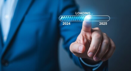 Transitioning to 2025: Businessman Activating New Year Loading Progress Bar, Digital Transformation, Futuristic Technology Concept