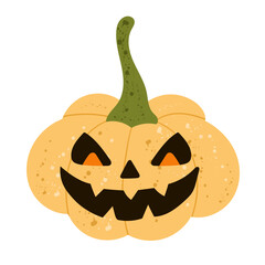 Halloween jack-o'-lantern pumpkin with spooky carved face and green stem — flat illustration of a scary Halloween pumpkin. Perfect for Halloween pumpkin clipart, trick or treat illustration, spooky 