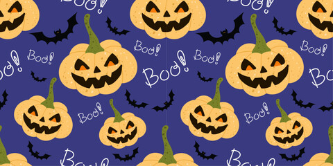 
Seamless Halloween pattern with scary jack-o'-lantern pumpkins, flying bats, and 