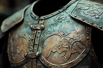 Intricately designed ancient bronze warrior chest armor with verdigris patina