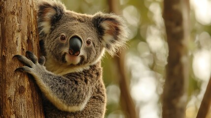 Close-up of a koala clinging to a tree trunk.