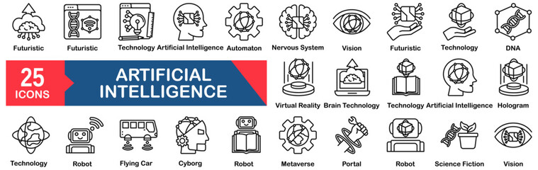 Artificial Intelligence and Machine Learning Icon Set 25 Outline Icons in Modern Style