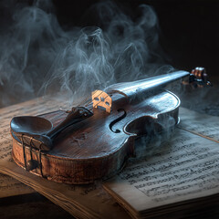 Still life with human skull and violin.