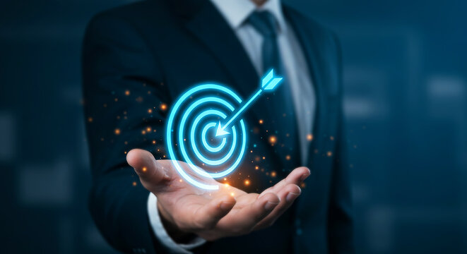 Target Aim in Hands: A refined businessperson, embodying strategic acumen, presents a digital depiction of a bullseye, epitomizing precision, target, and the accomplishment of aspirations. 