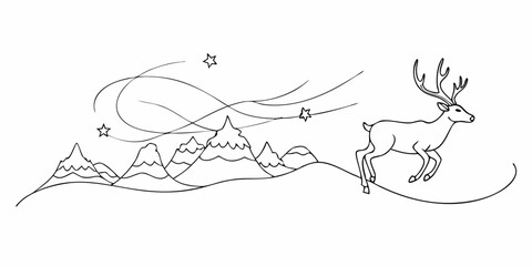 Holiday season scene showcases reindeer leaping over winter mountains with star accents. Holiday season winter landscape shows traditional reindeer leaping over white mountains with wind currents.