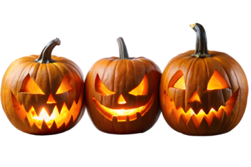 Three carved jack o lanterns with glowing faces are arranged together, isolated on a transparent background