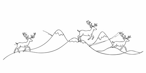 Line art drawing features deer crossing mountains, minimalist sketch. Deer crossing mountains, sketched outlines create striking image