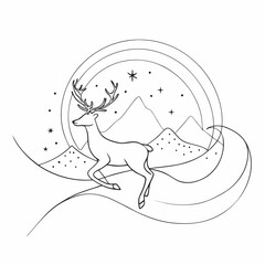 Line art with reindeer and mountains shows graceful silhouette of animal in landscape. Line art, reindeer, mountains, and stars complete charming celestial scene.