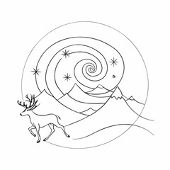 Illustration of deer silhouette in mountains. Deer silhouette illustration showcasing majestic mountains and swirling, starry sky, creating a unique image.