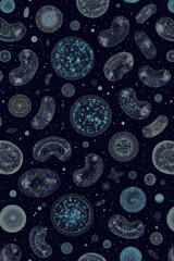 Generative AI Abstract Cellular Pattern on Dark Background Cells Texture Blue Organic Shapes Seamless Repeating Dots Microscopic Biology Science Cosmos Universe Microbiology