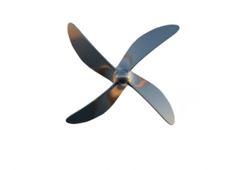 Polished metal four blade propeller with reflective surface isolated on transparent background